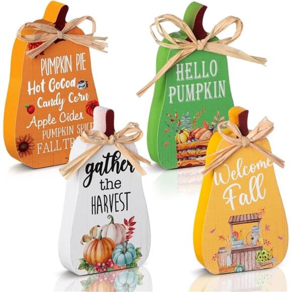 New 4pcs Fall Tiered Tray Decor - Rustic Pumpkins & Signs for Thanksgiving Table - Picture 1 of 8